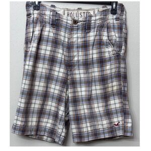 Hollister Vintage Y2K Mens Brn/Bu/Wt Plaid Shorts Sz 32 Flat Front Skater Grunge